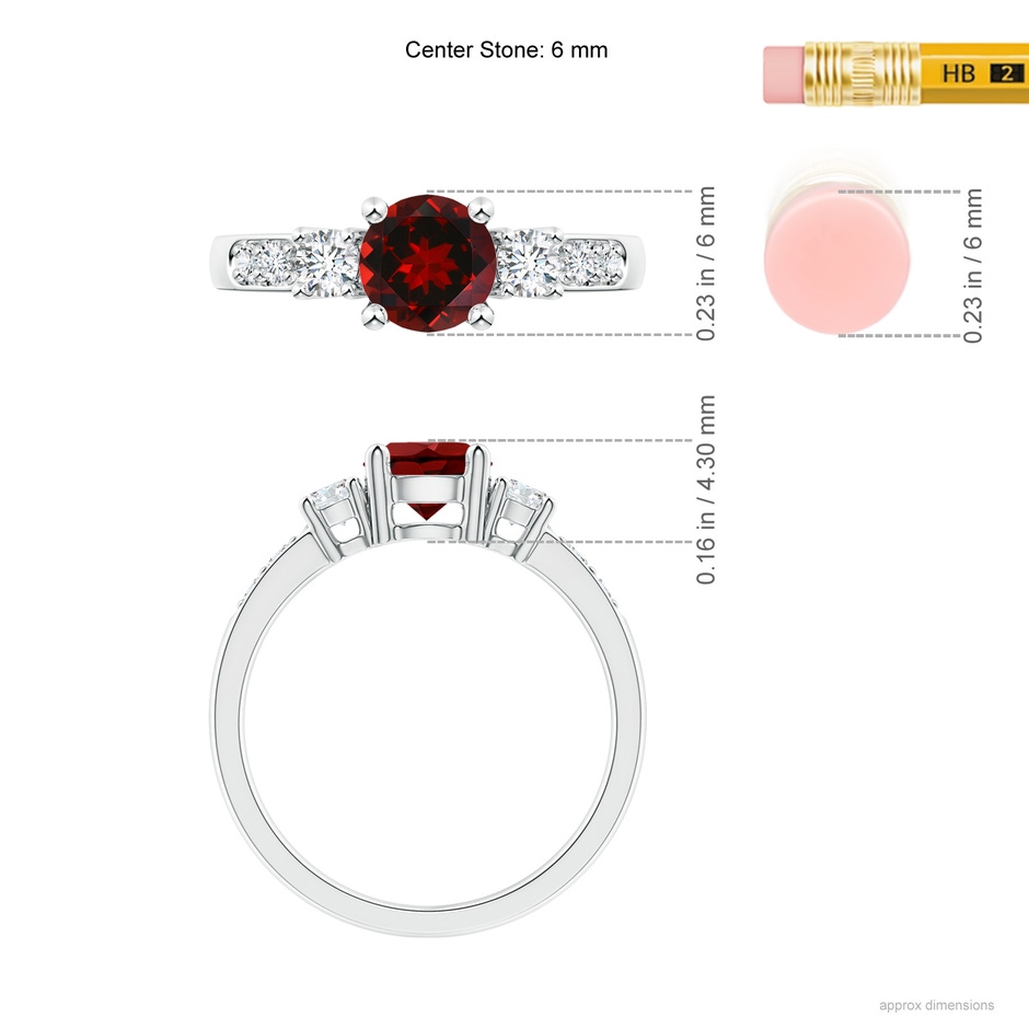 6mm AAAA Three Stone Garnet and Diamond Ring in White Gold ruler