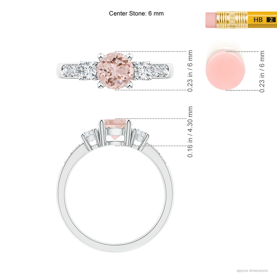 6mm AAA Three Stone Morganite and Diamond Ring in White Gold ruler