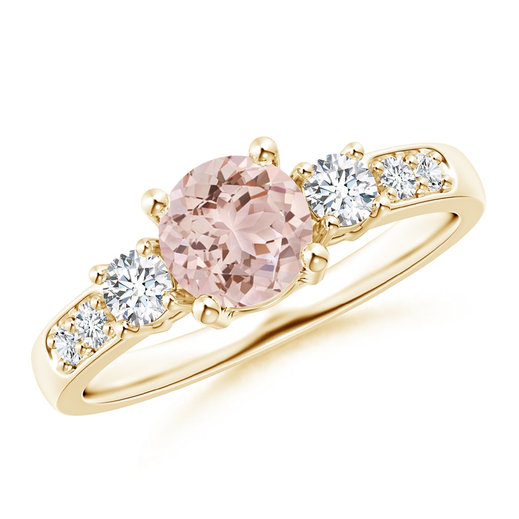 6mm AAA Three Stone Morganite and Diamond Ring in Yellow Gold