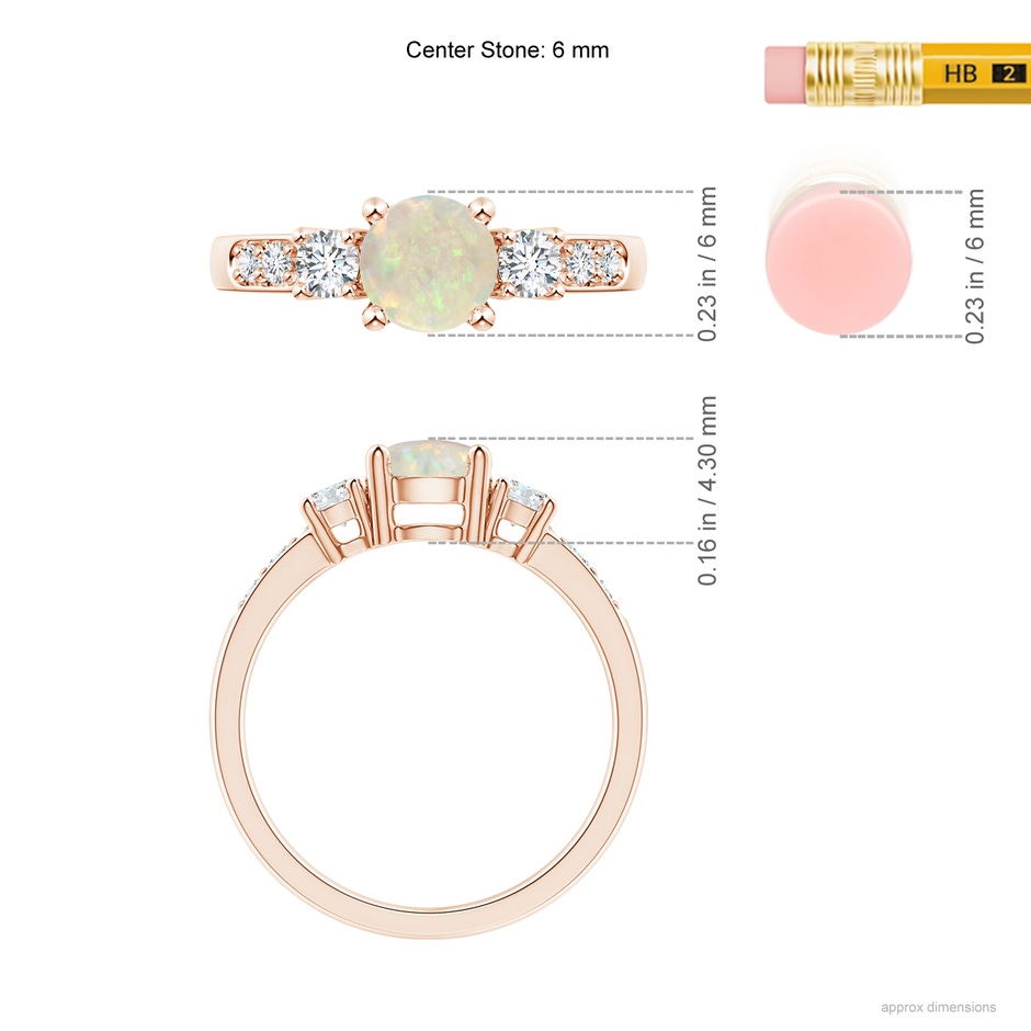 6mm AAA Three Stone Opal and Diamond Ring in Rose Gold ruler