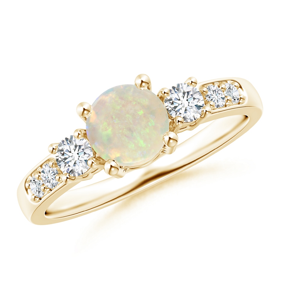 6mm AAA Three Stone Opal and Diamond Ring in Yellow Gold 
