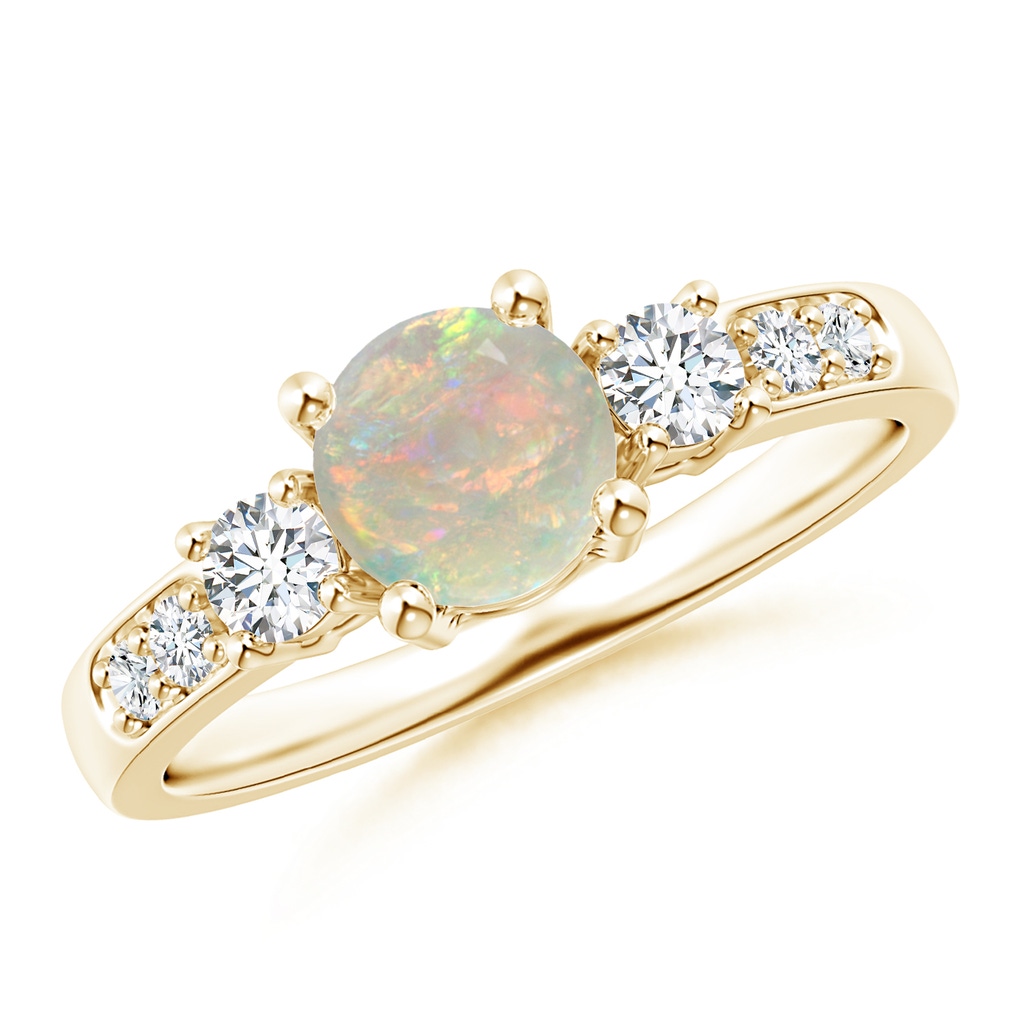 6mm AAAA Three Stone Opal and Diamond Ring in Yellow Gold 