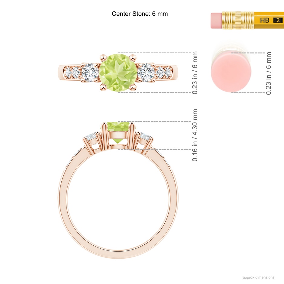 6mm A Three Stone Peridot and Diamond Ring in 18K Rose Gold ruler