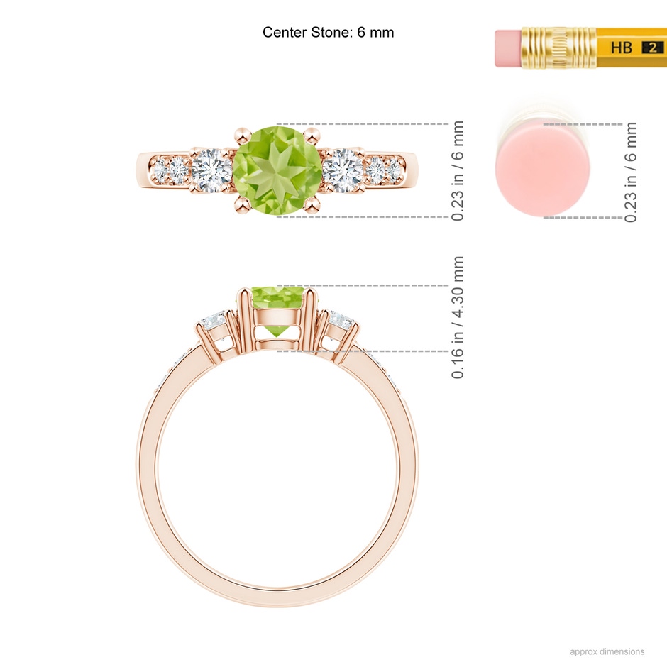 6mm AA Three Stone Peridot and Diamond Ring in 9K Rose Gold ruler
