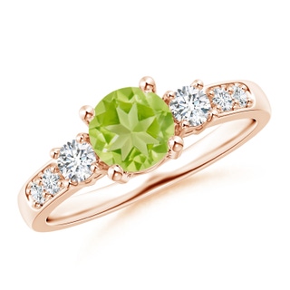 6mm AA Three Stone Peridot and Diamond Ring in Rose Gold