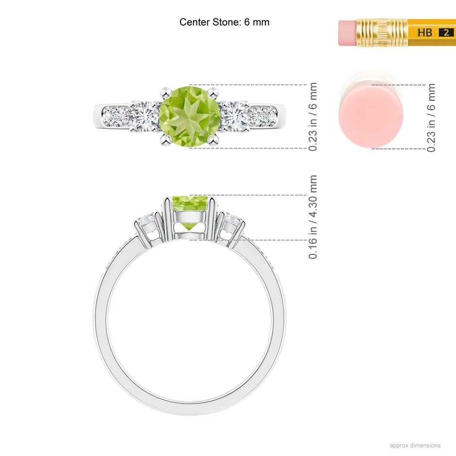 6mm AA Three Stone Peridot and Diamond Ring in White Gold ruler