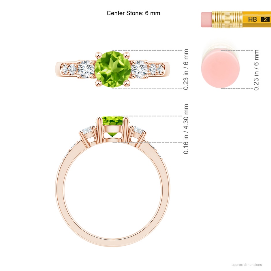 6mm AAA Three Stone Peridot and Diamond Ring in Rose Gold ruler