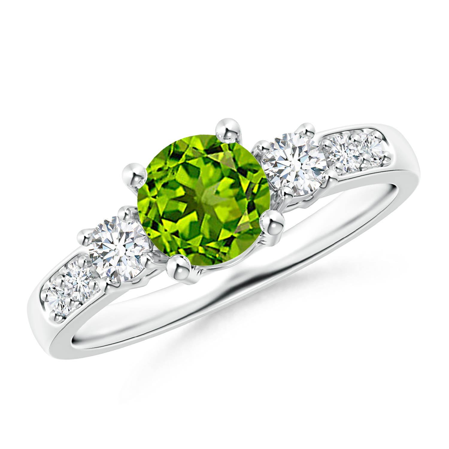 6mm AAAA Three Stone Peridot and Diamond Ring in 18CT White Gold