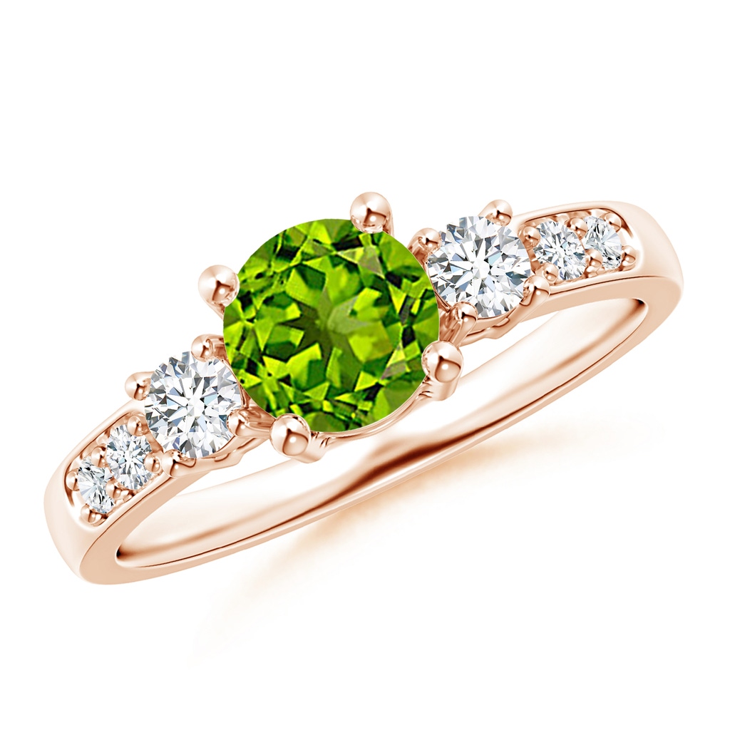 6mm AAAA Three Stone Peridot and Diamond Ring in Rose Gold