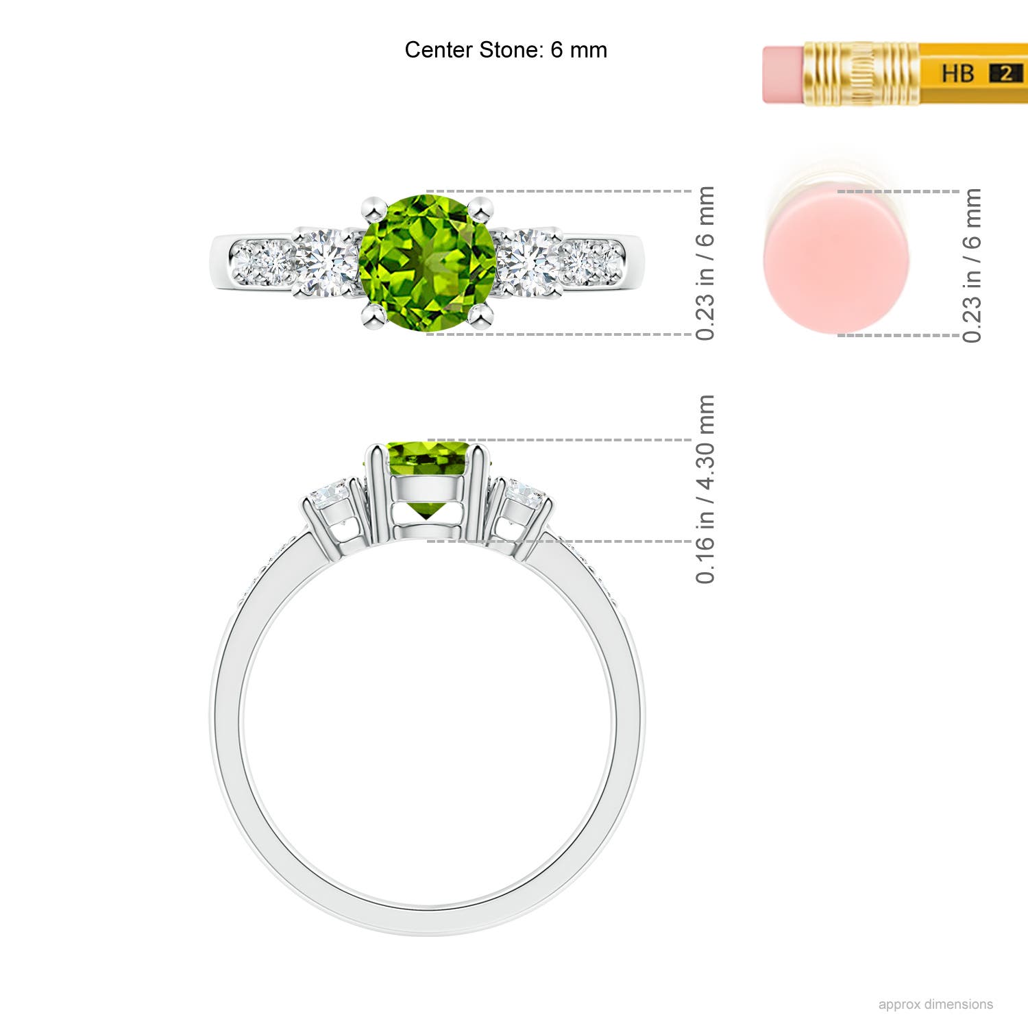 6mm AAAA Three Stone Peridot and Diamond Ring in White Gold - ruler