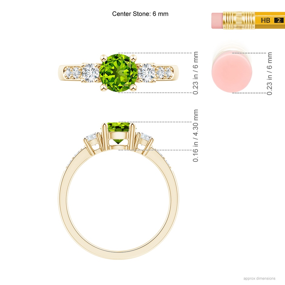 6mm AAAA Three Stone Peridot and Diamond Ring in Yellow Gold ruler