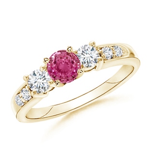 6mm AAAA Three Stone Pink Sapphire and Diamond Ring in Yellow Gold