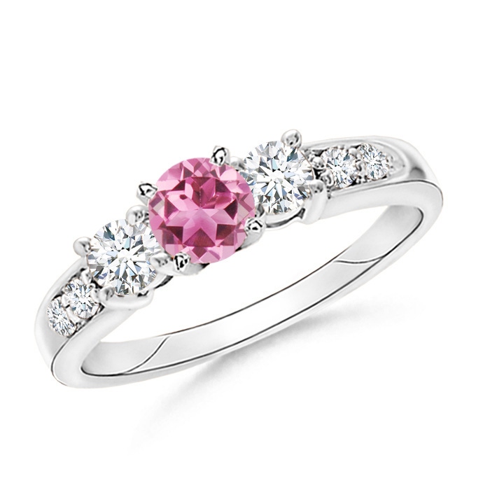 6mm AAA Three Stone Pink Tourmaline and Diamond Ring in White Gold 