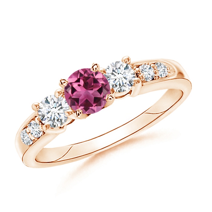 6mm AAAA Three Stone Pink Tourmaline and Diamond Ring in Rose Gold