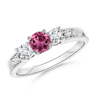 6mm AAAA Three Stone Pink Tourmaline and Diamond Ring in White Gold