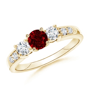 6mm AAAA Three Stone Ruby and Diamond Ring in Yellow Gold
