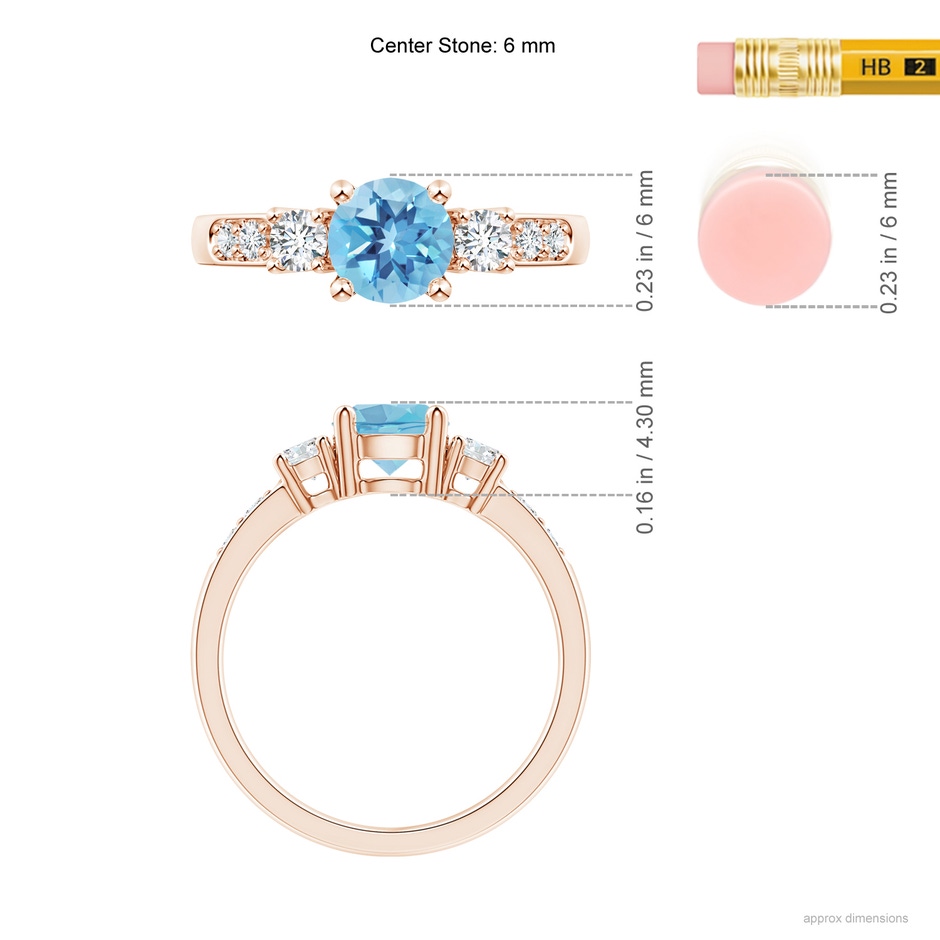 6mm A Three Stone Swiss Blue Topaz and Diamond Ring in Rose Gold ruler