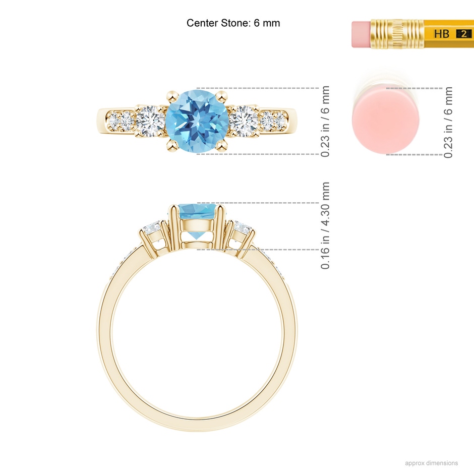 6mm A Three Stone Swiss Blue Topaz and Diamond Ring in Yellow Gold ruler