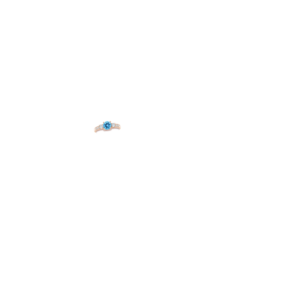6mm AA Three Stone Swiss Blue Topaz and Diamond Ring in Rose Gold body-hand