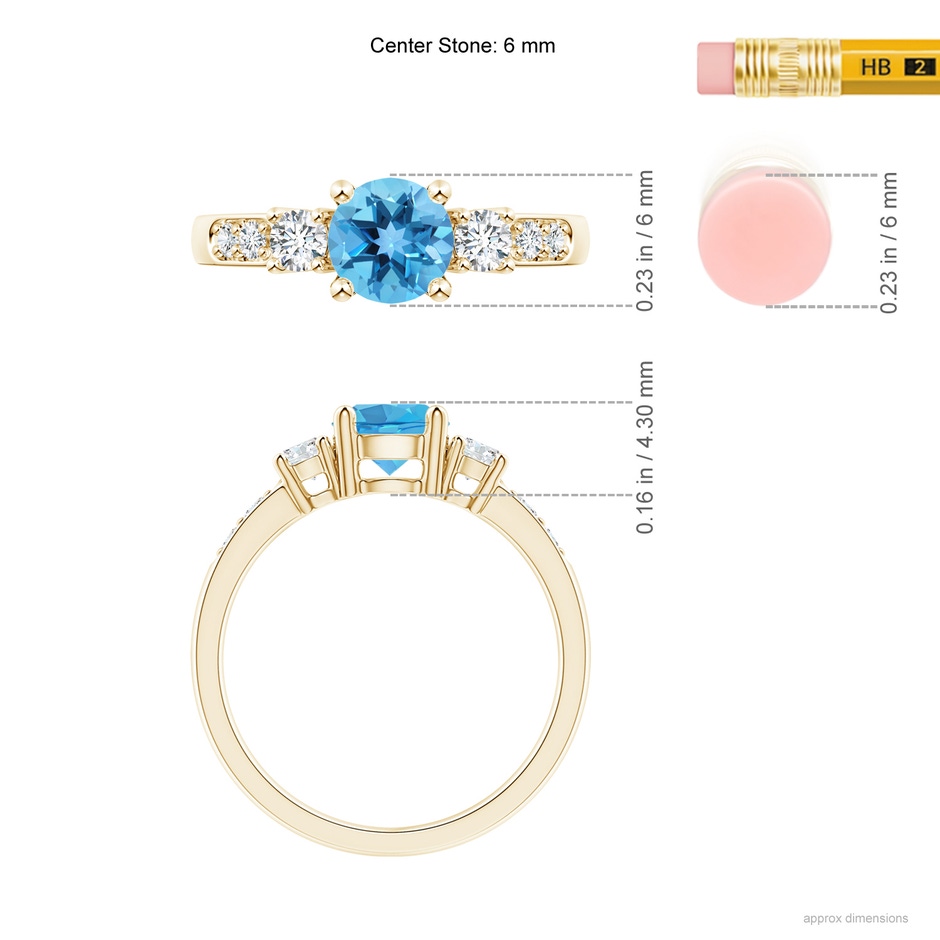 6mm AA Three Stone Swiss Blue Topaz and Diamond Ring in Yellow Gold ruler