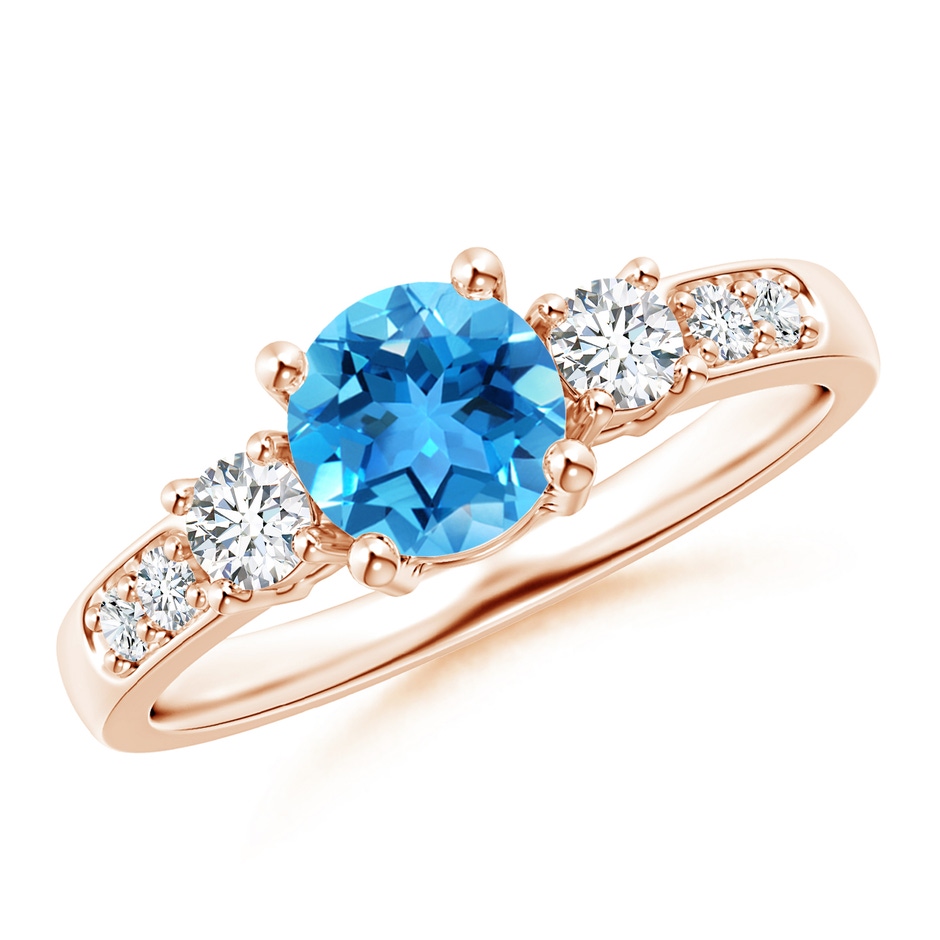 6mm AAA Three Stone Swiss Blue Topaz and Diamond Ring in Rose Gold 