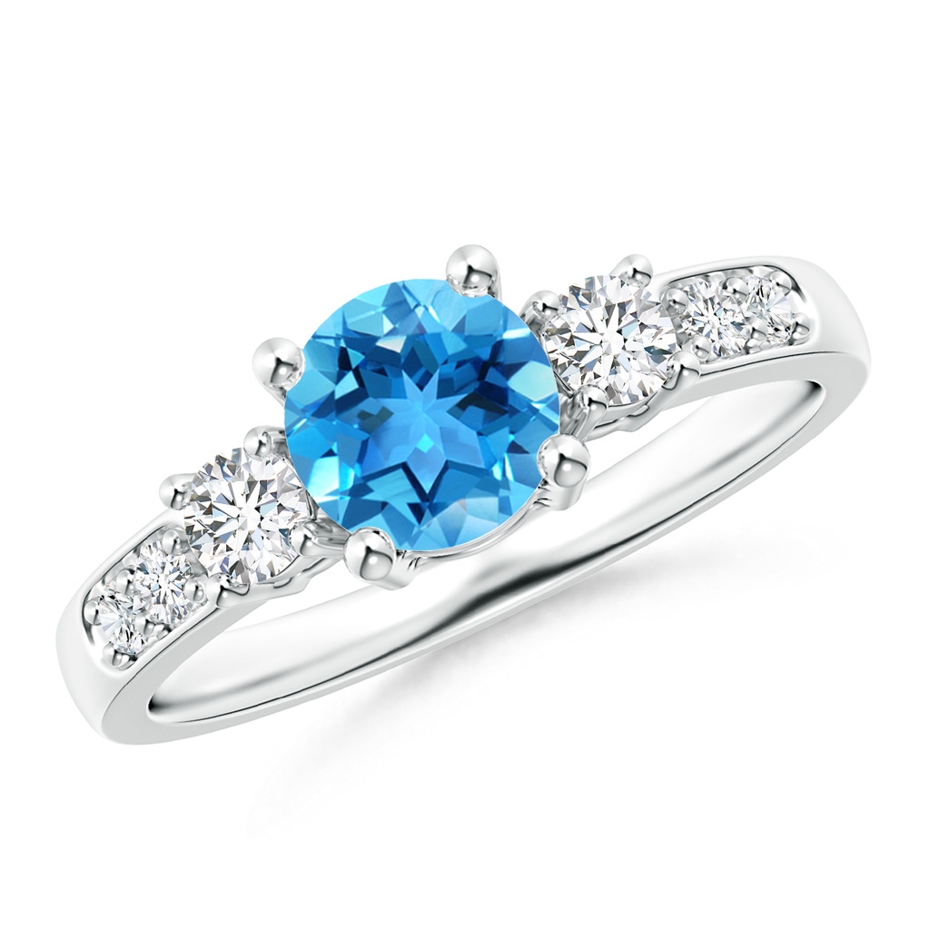 6mm AAA Three Stone Swiss Blue Topaz and Diamond Ring in White Gold