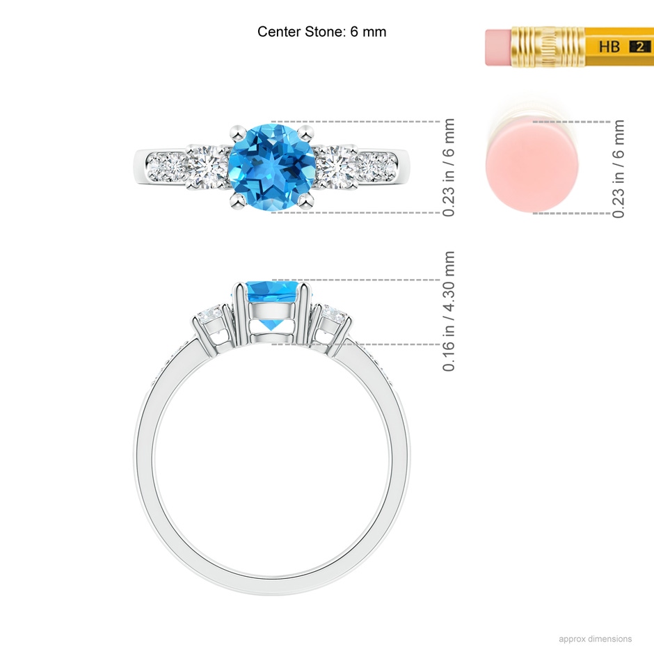 6mm AAA Three Stone Swiss Blue Topaz and Diamond Ring in White Gold ruler