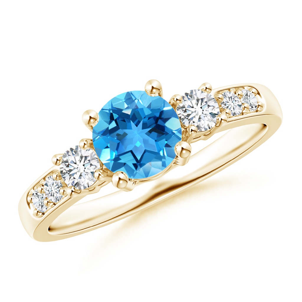 6mm AAA Three Stone Swiss Blue Topaz and Diamond Ring in Yellow Gold