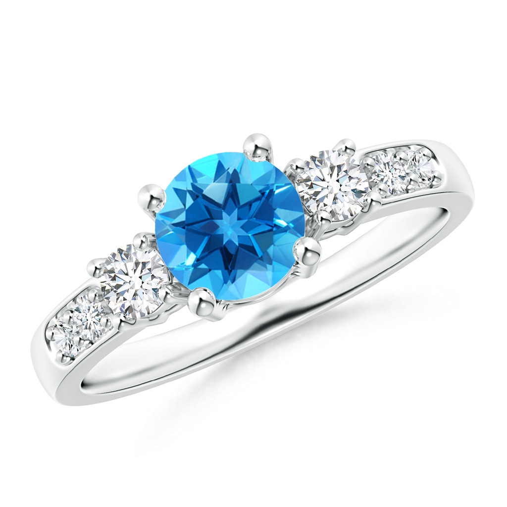 6mm AAAA Three Stone Swiss Blue Topaz and Diamond Ring in P950 Platinum