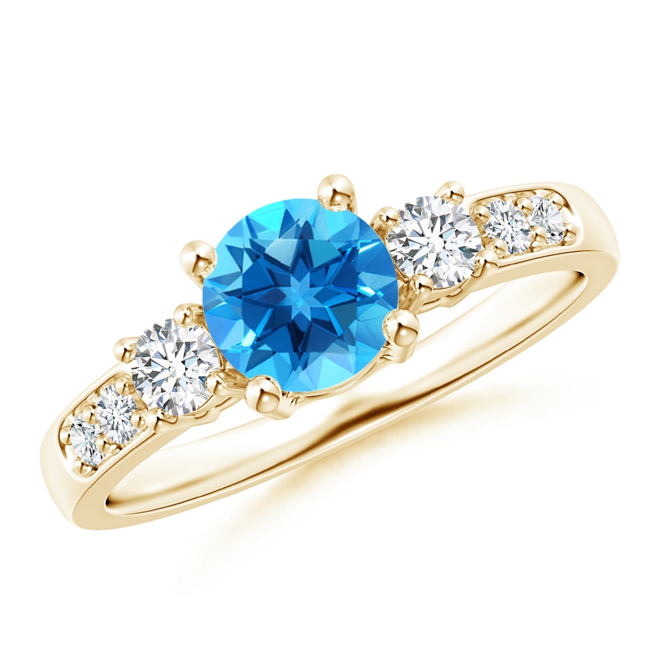 6mm AAAA Three Stone Swiss Blue Topaz and Diamond Ring in Yellow Gold 