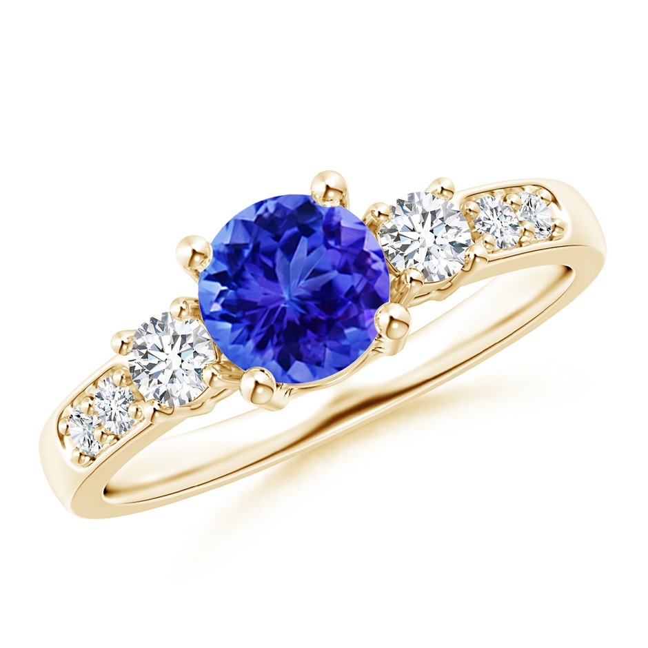 6mm AAA Three Stone Tanzanite and Diamond Ring in Yellow Gold 