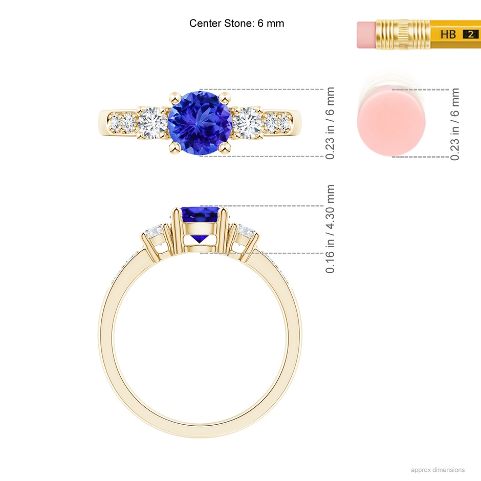 6mm AAA Three Stone Tanzanite and Diamond Ring in Yellow Gold ruler