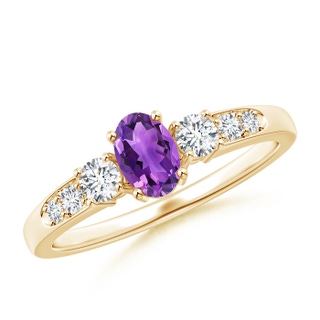 6x4mm AAA Three Stone Amethyst and Diamond Ring with Accents in 10K Yellow Gold
