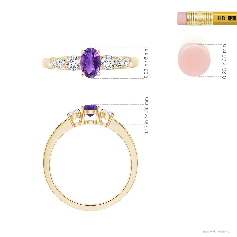 6x4mm AAA Three Stone Amethyst and Diamond Ring with Accents in 18K Yellow Gold ruler