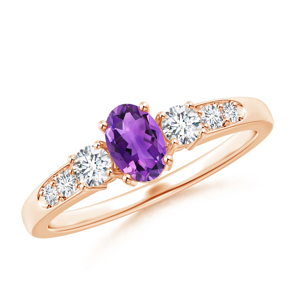 6x4mm AAA Three Stone Amethyst and Diamond Ring with Accents in Rose Gold 