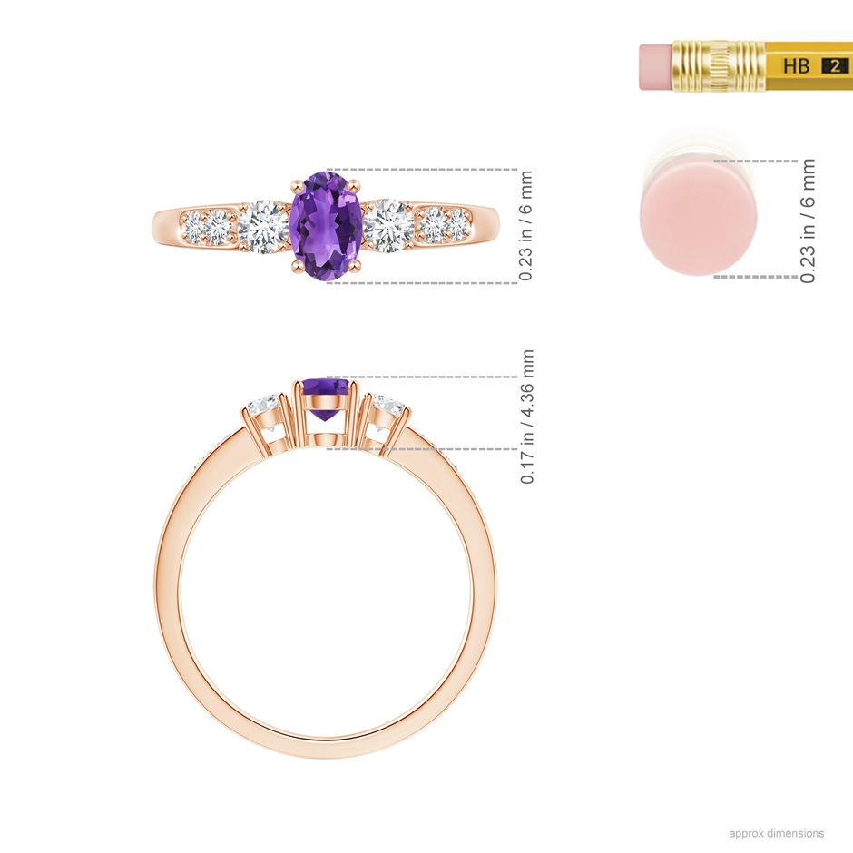 6x4mm AAA Three Stone Amethyst and Diamond Ring with Accents in Rose Gold ruler