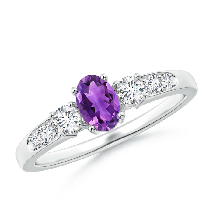 6x4mm AAA Three Stone Amethyst and Diamond Ring with Accents in White Gold