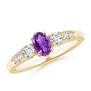 6x4mm AAA Three Stone Amethyst and Diamond Ring with Accents in Yellow Gold