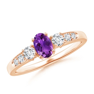 6x4mm AAAA Three Stone Amethyst and Diamond Ring with Accents in Rose Gold