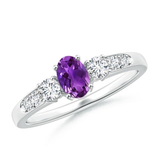 6x4mm AAAA Three Stone Amethyst and Diamond Ring with Accents in White Gold