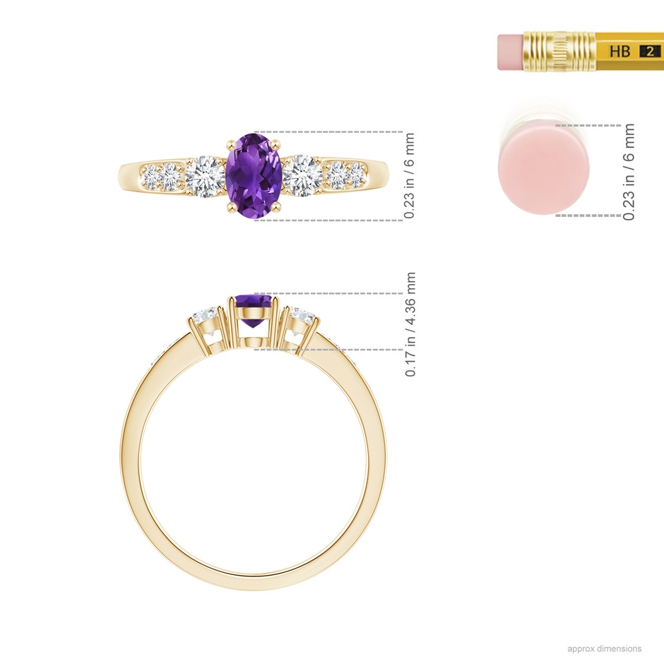6x4mm AAAA Three Stone Amethyst and Diamond Ring with Accents in Yellow Gold ruler