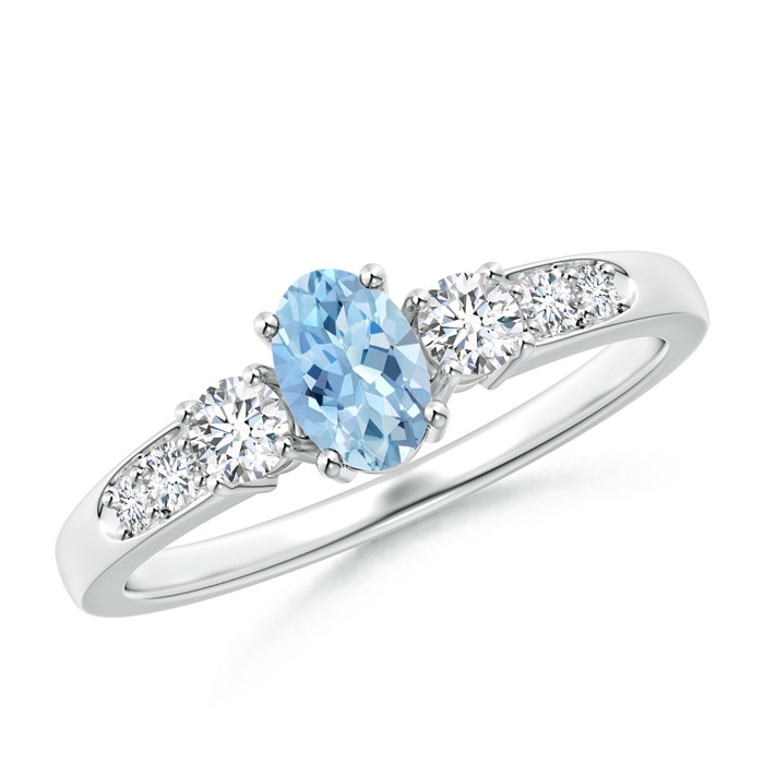 6x4mm AAA Three Stone Aquamarine and Diamond Ring with Accents in White Gold