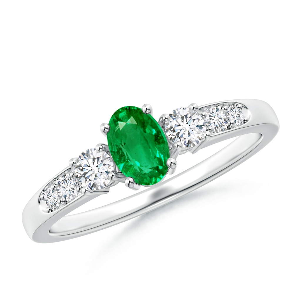6x4mm AAA Three Stone Emerald and Diamond Ring with Accents in White Gold