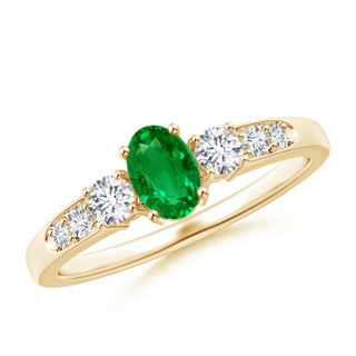 6x4mm AAAA Three Stone Emerald and Diamond Ring with Accents in Yellow Gold