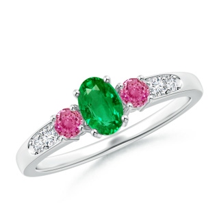 6x4mm AAA Three Stone Emerald and Pink Sapphire Ring with Accents in White Gold