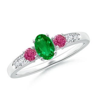 6x4mm AAAA Three Stone Emerald and Pink Sapphire Ring with Accents in P950 Platinum