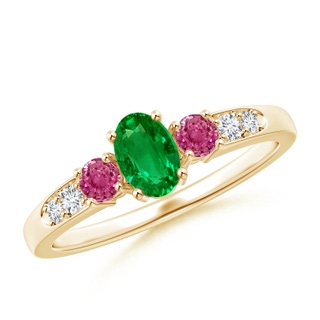 6x4mm AAAA Three Stone Emerald and Pink Sapphire Ring with Accents in Yellow Gold