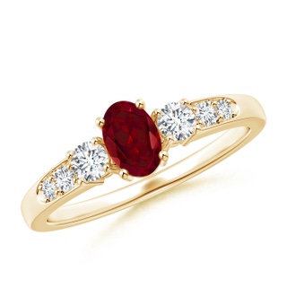 6x4mm AAA Three Stone Garnet and Diamond Ring with Accents in 10K Yellow Gold