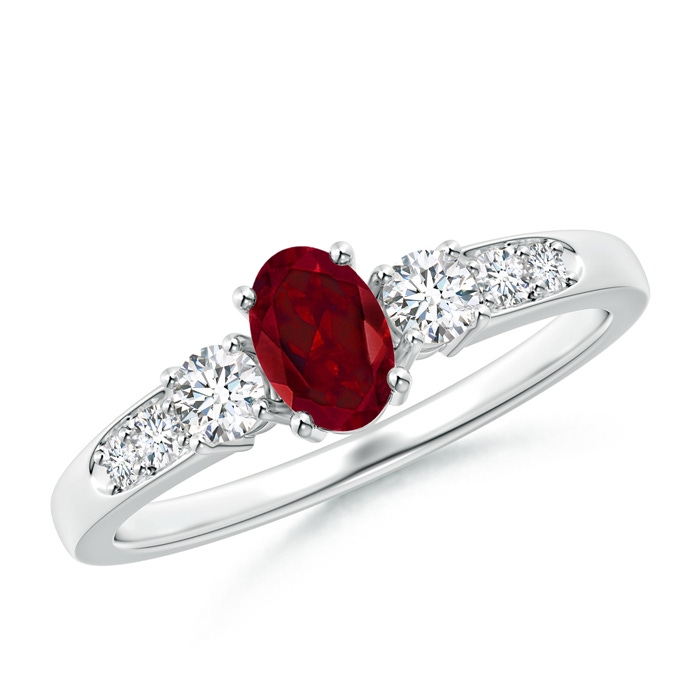 6x4mm AAA Three Stone Garnet and Diamond Ring with Accents in White Gold 