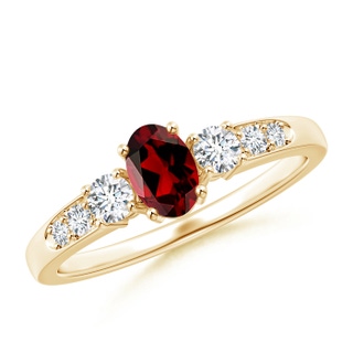 6x4mm AAAA Three Stone Garnet and Diamond Ring with Accents in Yellow Gold
